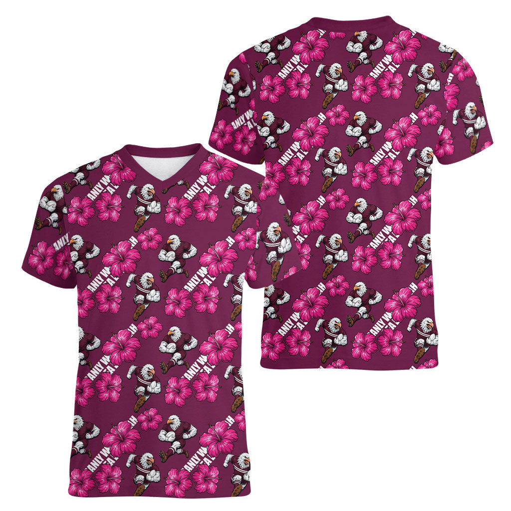 Manly Warringah Sea Eagles Women V-Neck T-Shirt Tropical Hibiscus Floral Seamless Rugby Mascot