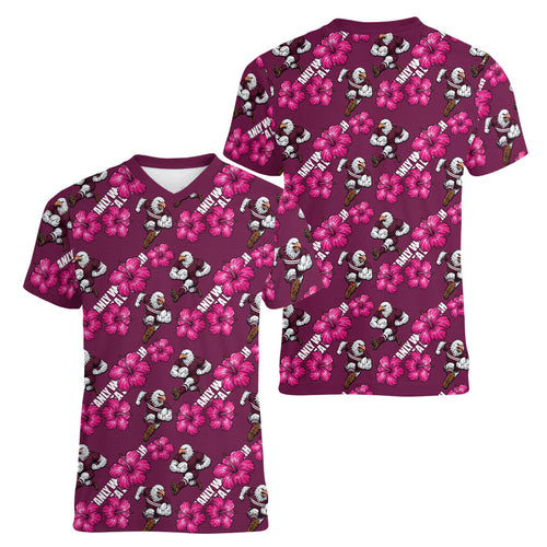 Manly Warringah Sea Eagles Women V-Neck T-Shirt Tropical Hibiscus Floral Seamless Rugby Mascot