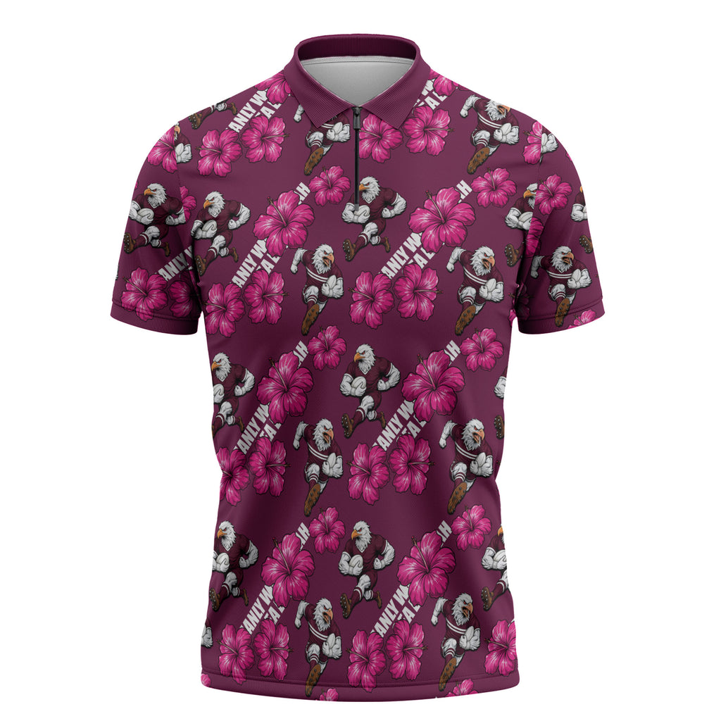 Manly Warringah Sea Eagles Zipper Polo Shirt Tropical Hibiscus Floral Seamless Rugby Mascot