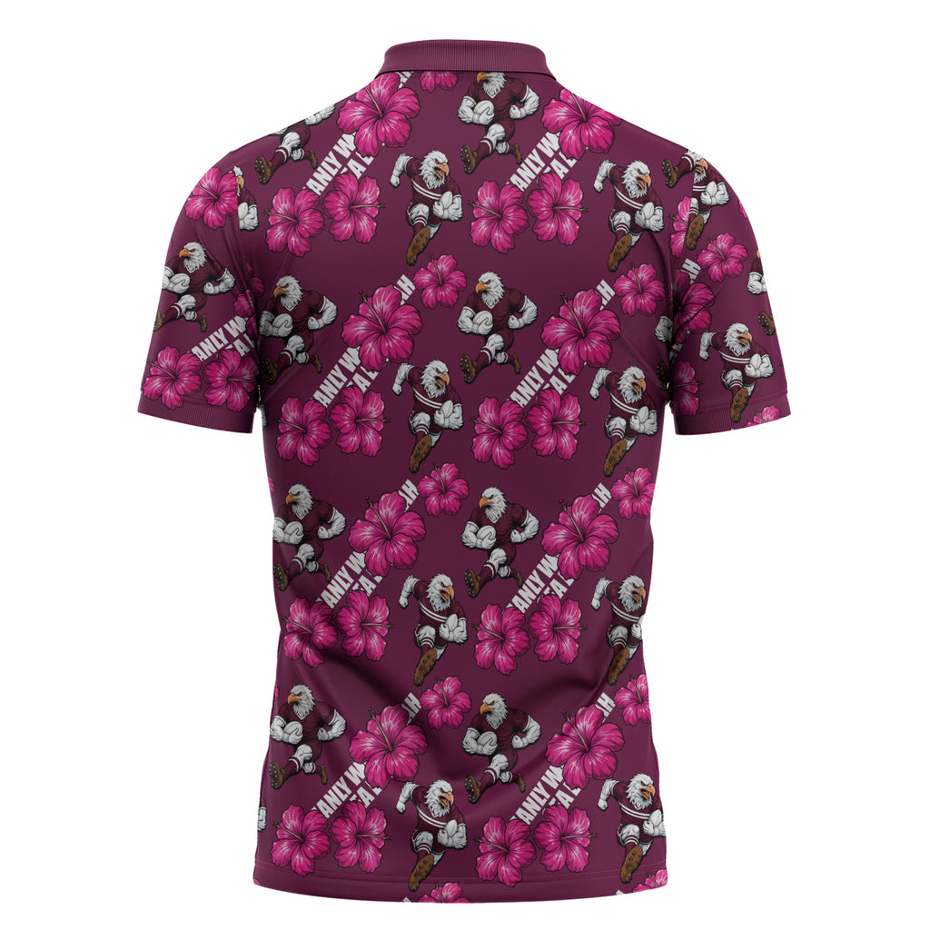 Manly Warringah Sea Eagles Zipper Polo Shirt Tropical Hibiscus Floral Seamless Rugby Mascot