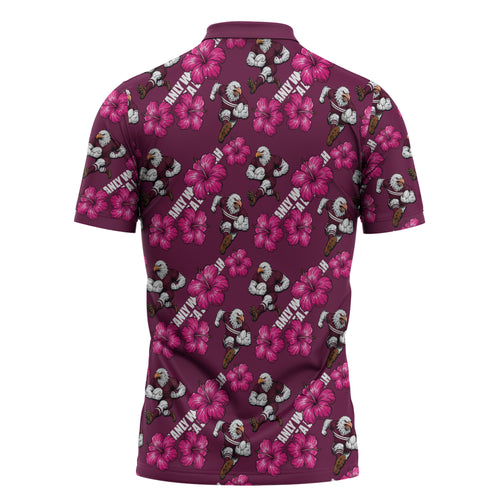 Manly Warringah Sea Eagles Zipper Polo Shirt Tropical Hibiscus Floral Seamless Rugby Mascot