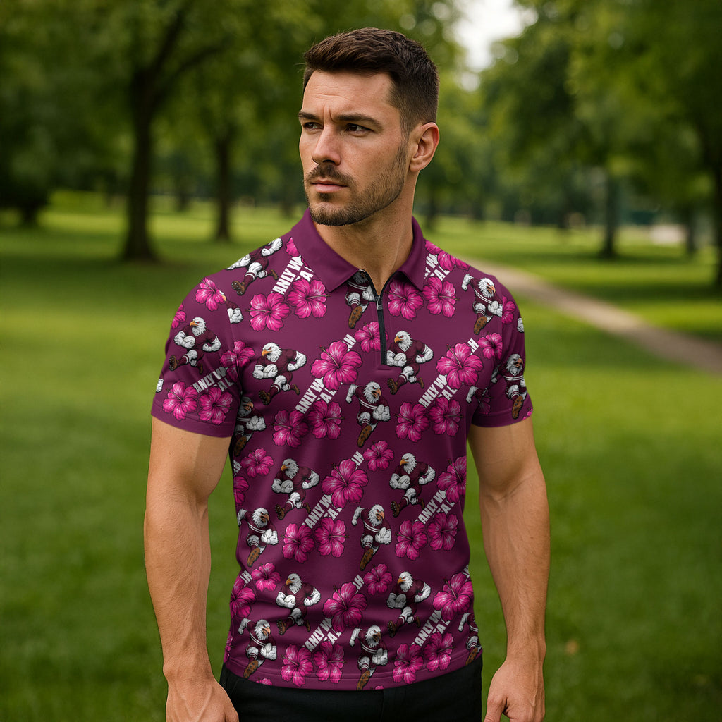 Manly Warringah Sea Eagles Zipper Polo Shirt Tropical Hibiscus Floral Seamless Rugby Mascot