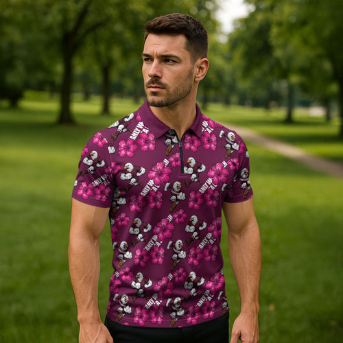 Manly Warringah Sea Eagles Zipper Polo Shirt Tropical Hibiscus Floral Seamless Rugby Mascot