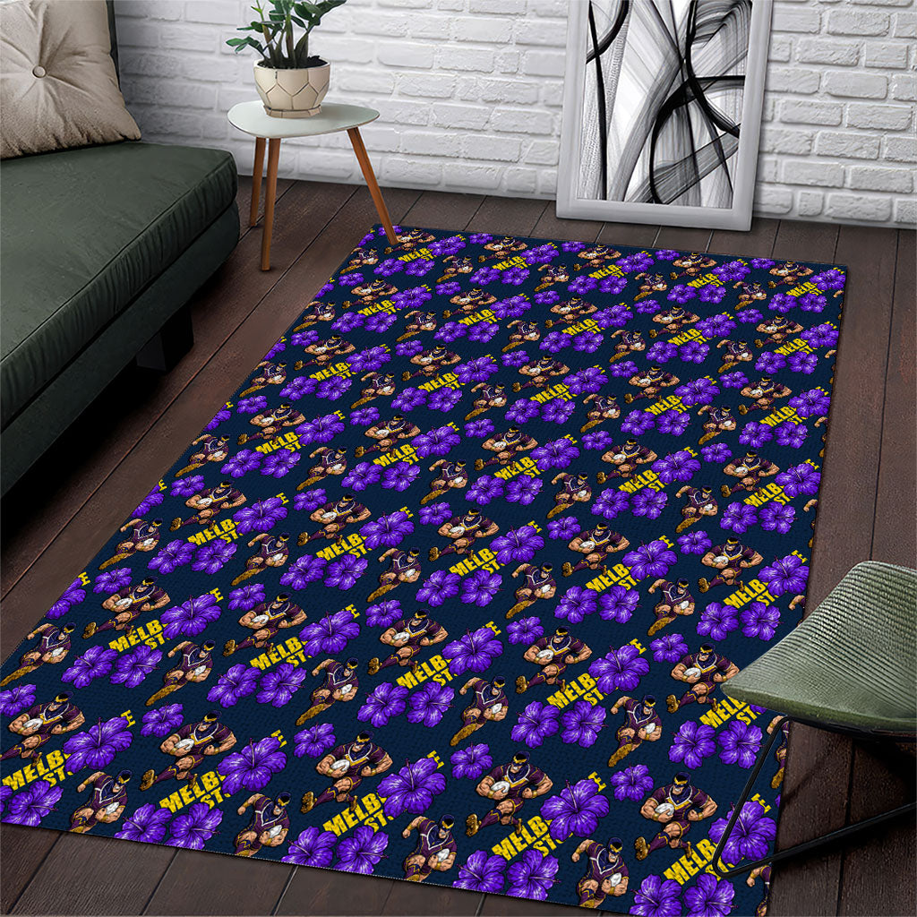 Melbourne Storm Area Rug Tropical Hibiscus Floral Seamless Rugby Mascot