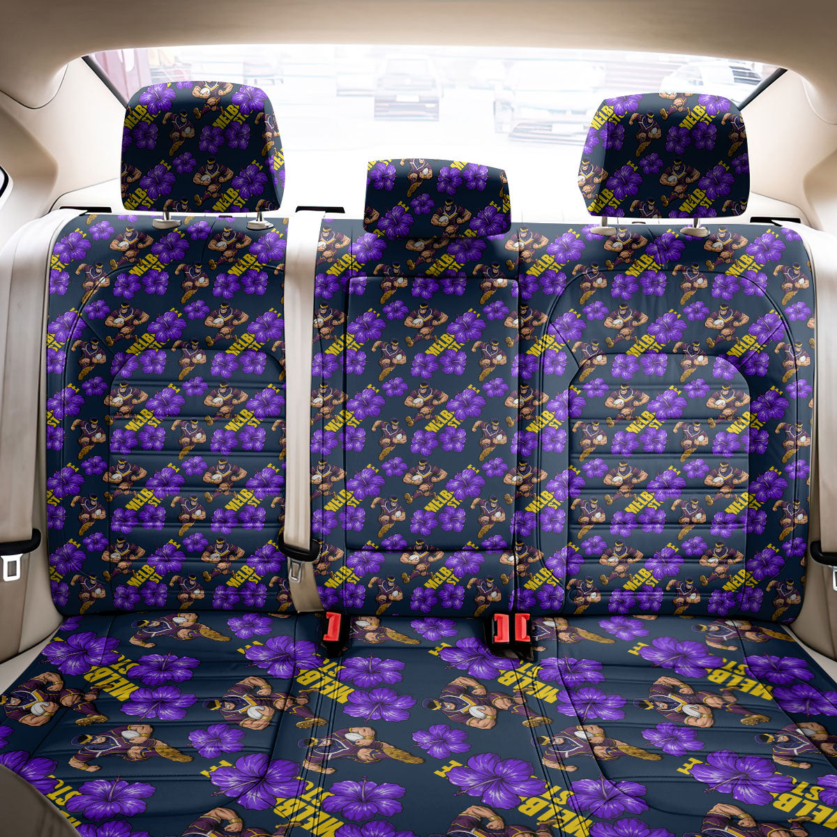 Melbourne Storm Back Car Seat Cover Tropical Hibiscus Floral Seamless Rugby Mascot