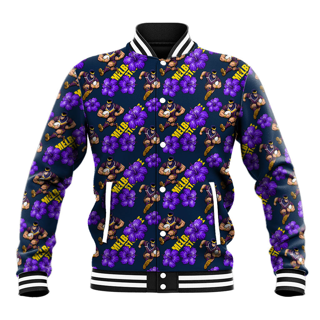 Melbourne Storm Baseball Jacket Tropical Hibiscus Floral Seamless Rugby Mascot