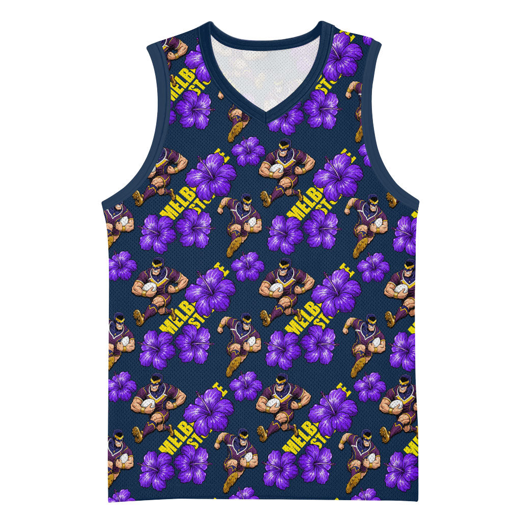 Melbourne Storm Basketball Jersey Tropical Hibiscus Floral Seamless Rugby Mascot