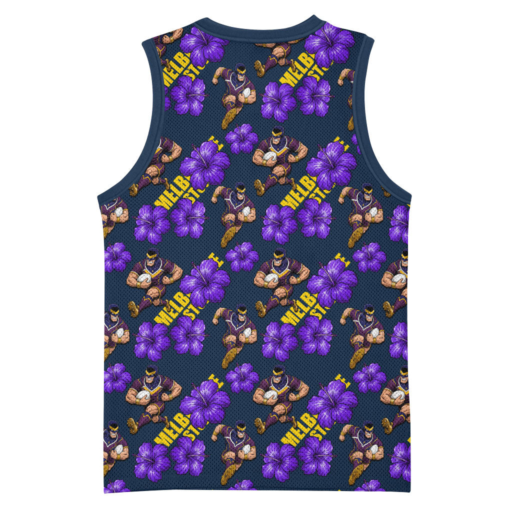 Melbourne Storm Basketball Jersey Tropical Hibiscus Floral Seamless Rugby Mascot