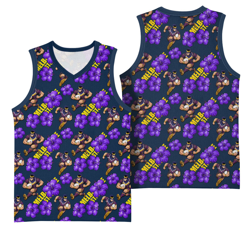 Melbourne Storm Basketball Jersey Tropical Hibiscus Floral Seamless Rugby Mascot