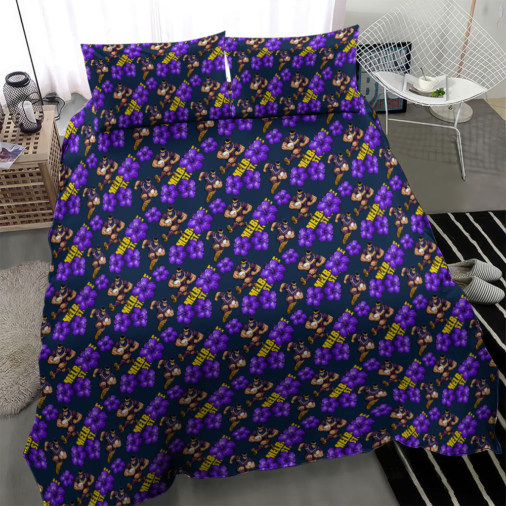 Melbourne Storm Bedding Set Tropical Hibiscus Floral Seamless Rugby Mascot