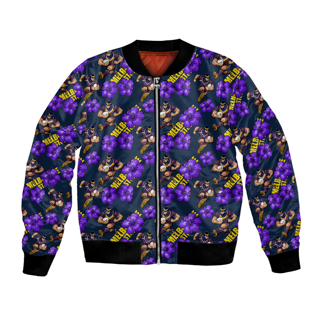 Melbourne Storm Bomber Jacket Tropical Hibiscus Floral Seamless Rugby Mascot