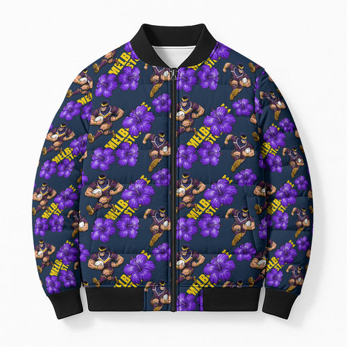 Melbourne Storm Bomber Puffer Jacket Tropical Hibiscus Floral Seamless Rugby Mascot