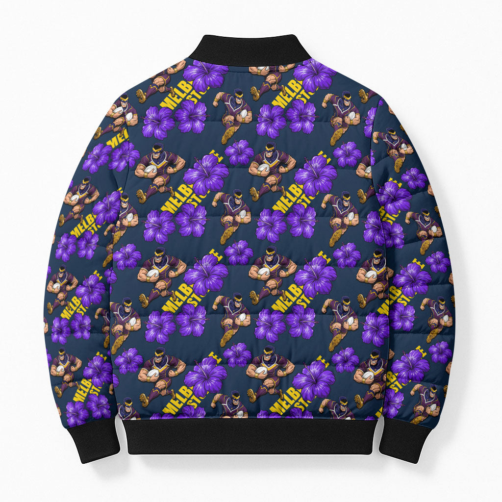Melbourne Storm Bomber Puffer Jacket Tropical Hibiscus Floral Seamless Rugby Mascot