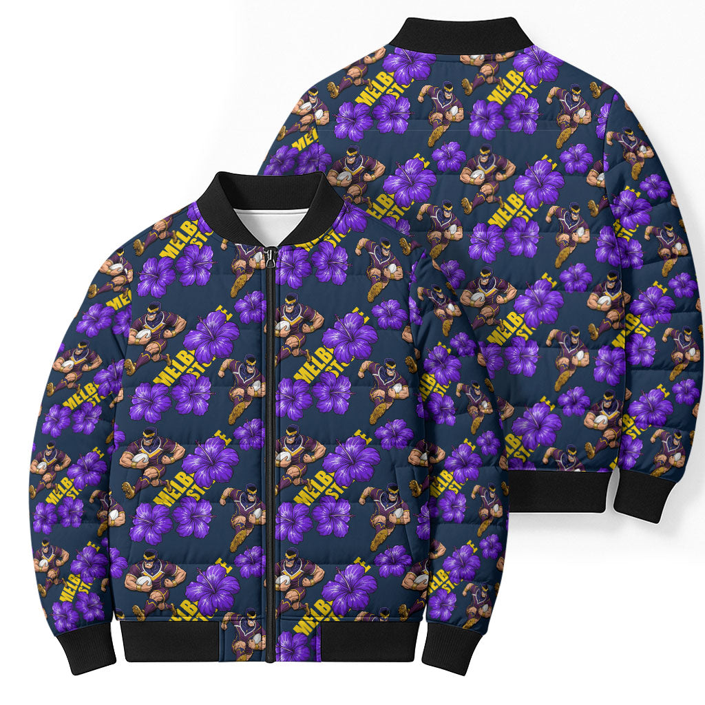 Melbourne Storm Bomber Puffer Jacket Tropical Hibiscus Floral Seamless Rugby Mascot