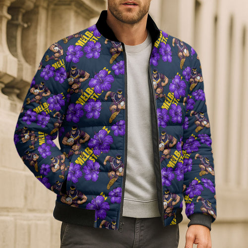 Melbourne Storm Bomber Puffer Jacket Tropical Hibiscus Floral Seamless Rugby Mascot
