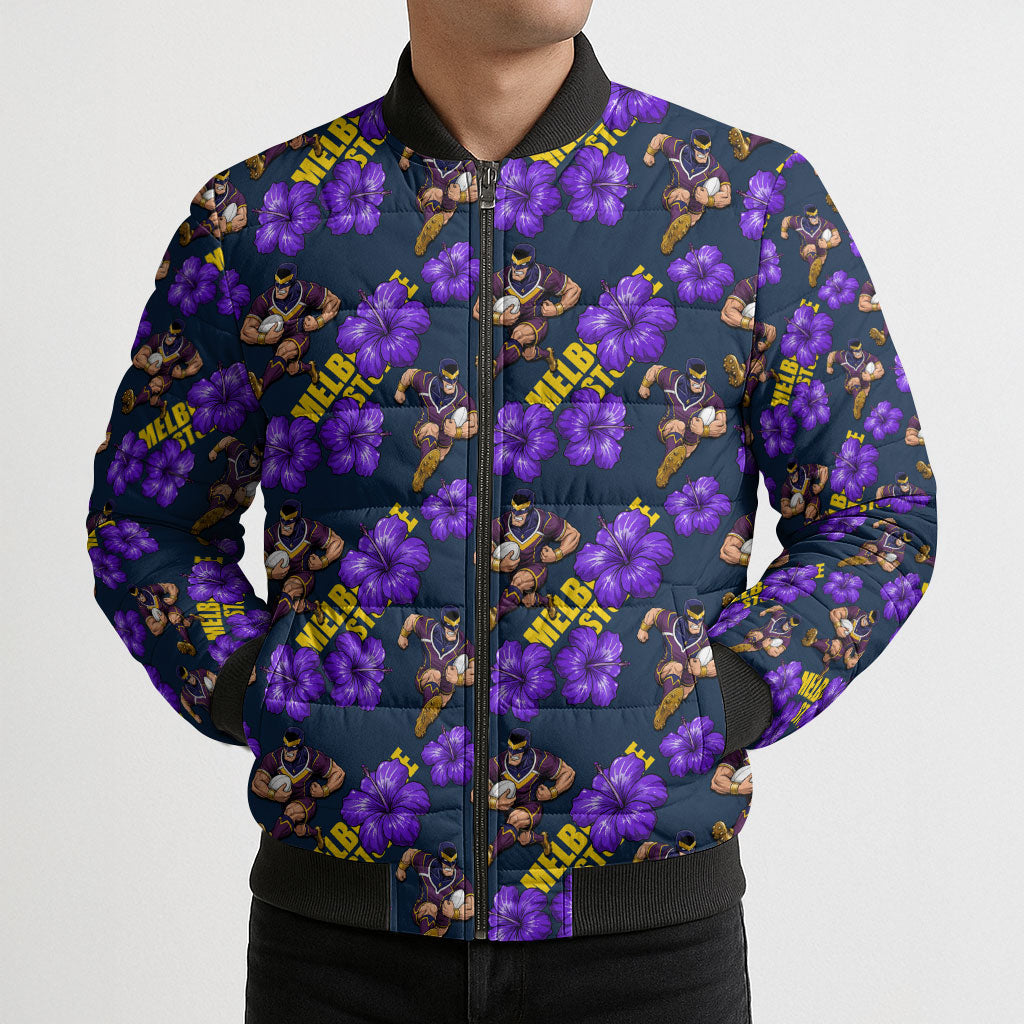 Melbourne Storm Bomber Puffer Jacket Tropical Hibiscus Floral Seamless Rugby Mascot