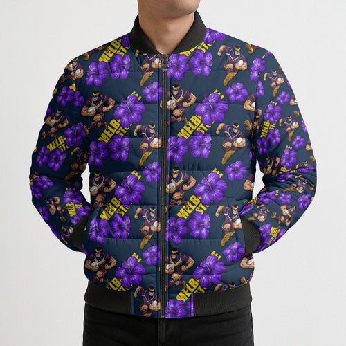 Melbourne Storm Bomber Puffer Jacket Tropical Hibiscus Floral Seamless Rugby Mascot