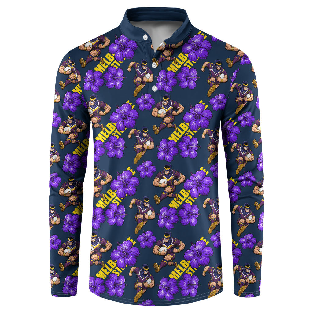 Melbourne Storm Button Sweatshirt Tropical Hibiscus Floral Seamless Rugby Mascot