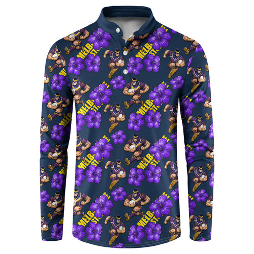 Melbourne Storm Button Sweatshirt Tropical Hibiscus Floral Seamless Rugby Mascot