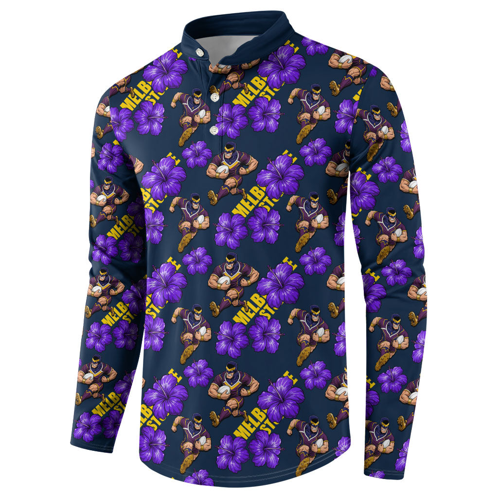 Melbourne Storm Button Sweatshirt Tropical Hibiscus Floral Seamless Rugby Mascot
