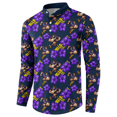 Melbourne Storm Button Sweatshirt Tropical Hibiscus Floral Seamless Rugby Mascot
