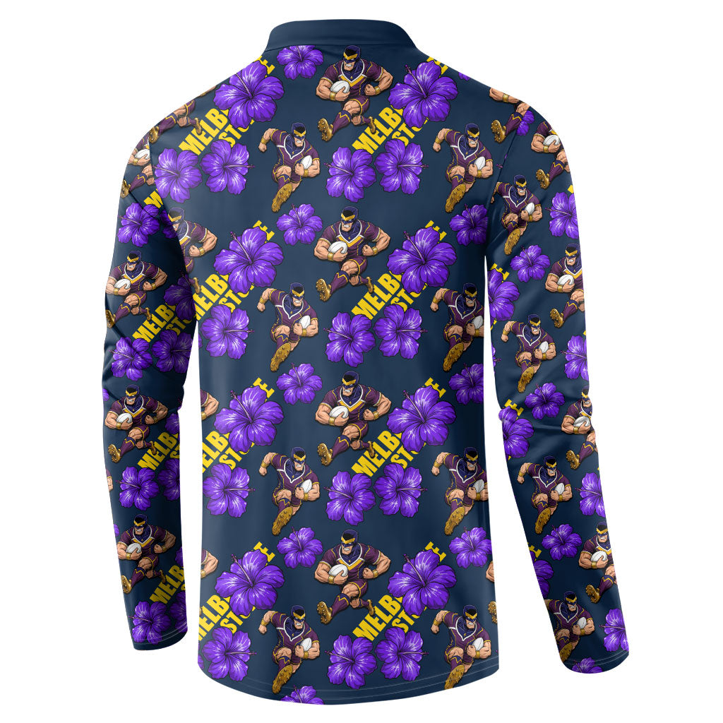Melbourne Storm Button Sweatshirt Tropical Hibiscus Floral Seamless Rugby Mascot