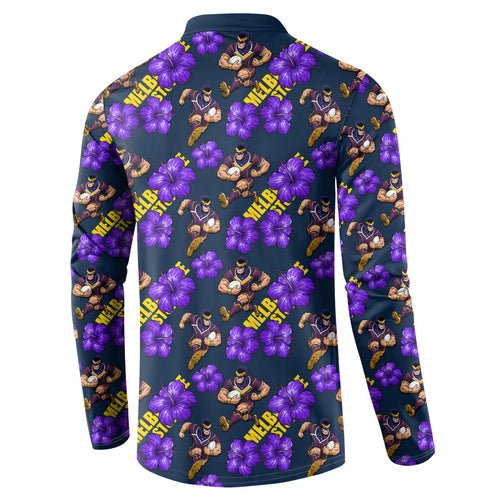 Melbourne Storm Button Sweatshirt Tropical Hibiscus Floral Seamless Rugby Mascot