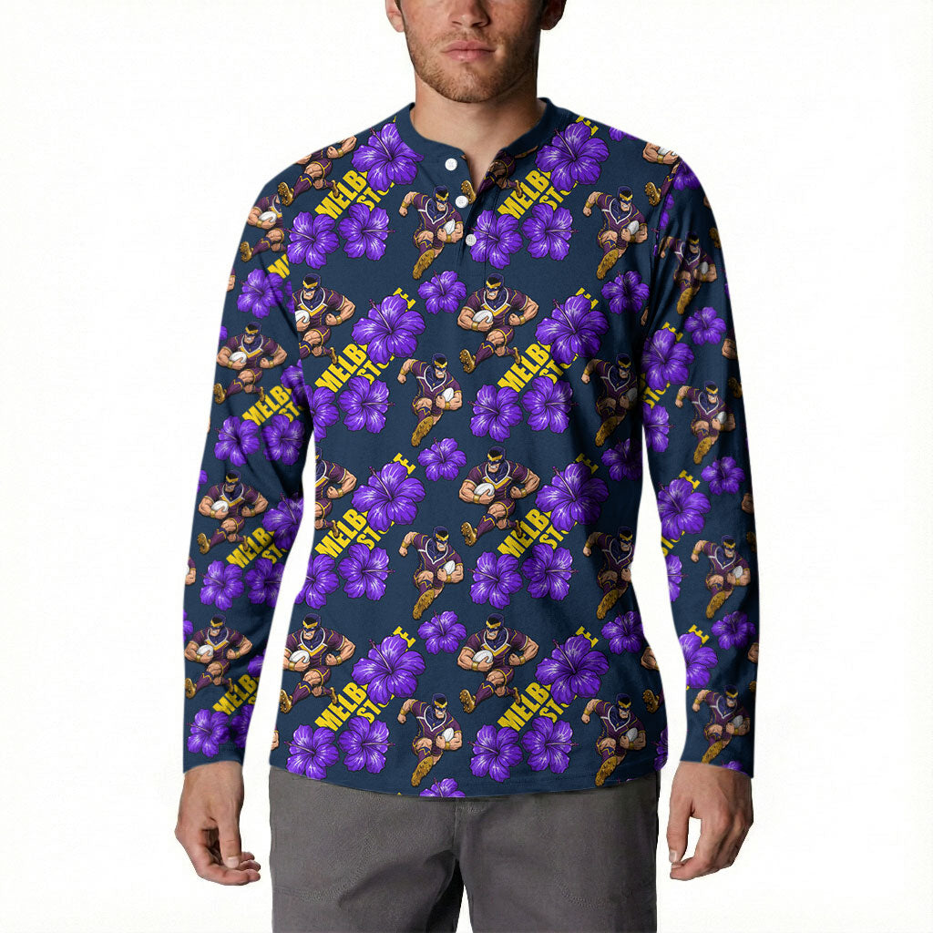 Melbourne Storm Button Sweatshirt Tropical Hibiscus Floral Seamless Rugby Mascot