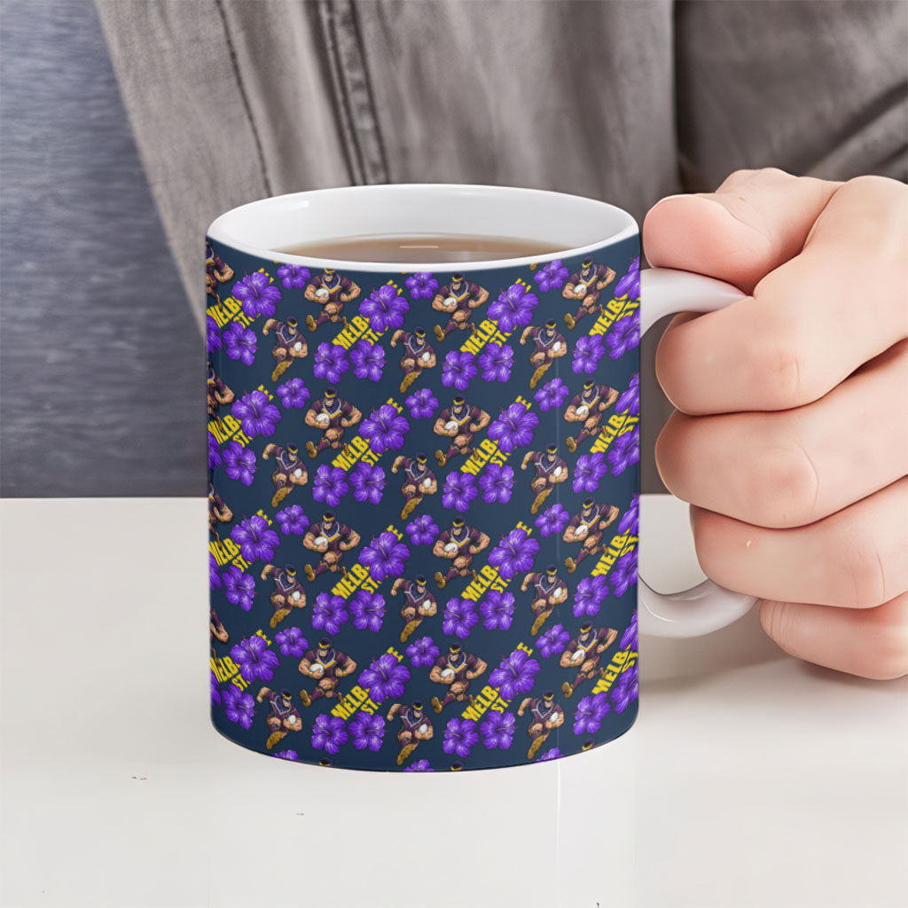 Melbourne Storm Ceramic Mug Tropical Hibiscus Floral Seamless Rugby Mascot