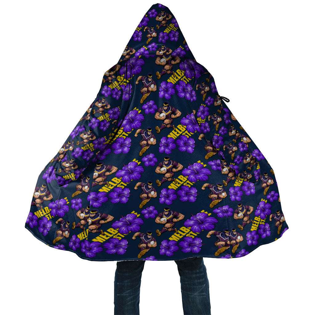 Melbourne Storm Cloak Tropical Hibiscus Floral Seamless Rugby Mascot