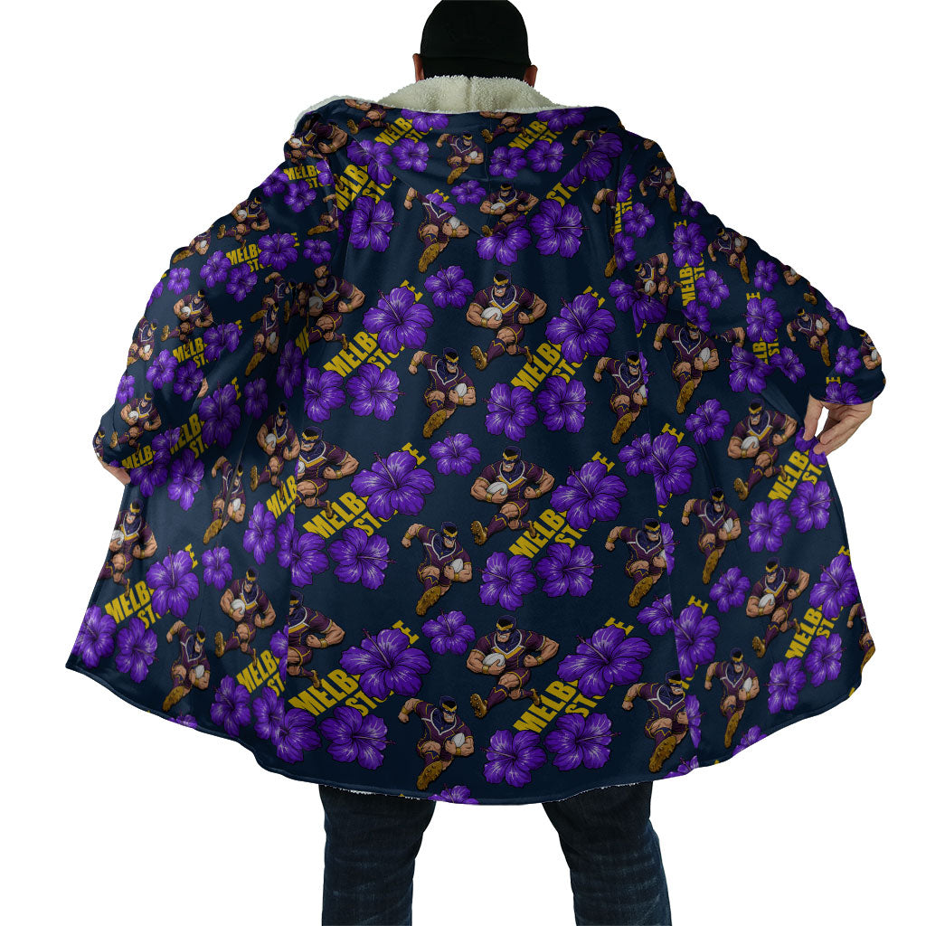 Melbourne Storm Cloak Tropical Hibiscus Floral Seamless Rugby Mascot