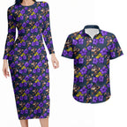 Melbourne Storm Couples Matching Long Sleeve Bodycon Dress and Hawaiian Shirt Tropical Hibiscus Floral Seamless Rugby Mascot