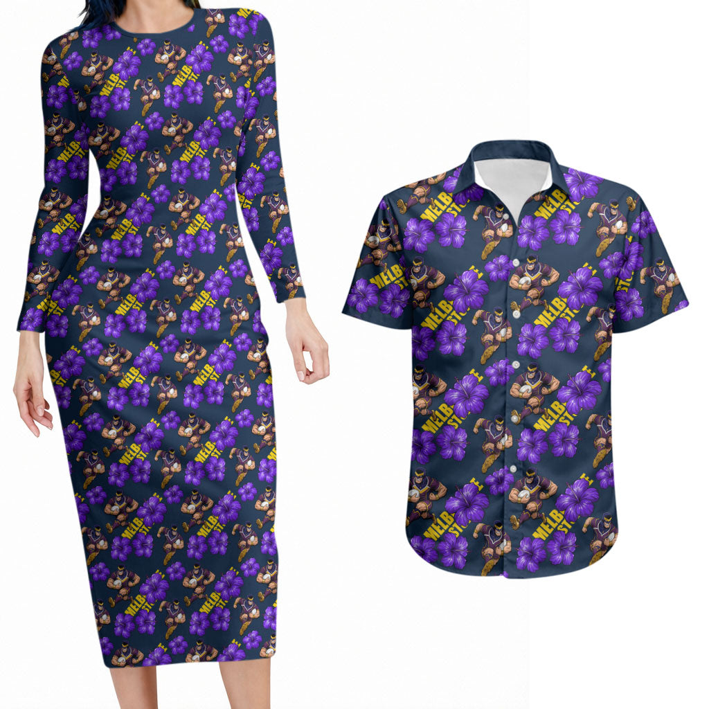 Melbourne Storm Couples Matching Long Sleeve Bodycon Dress and Hawaiian Shirt Tropical Hibiscus Floral Seamless Rugby Mascot