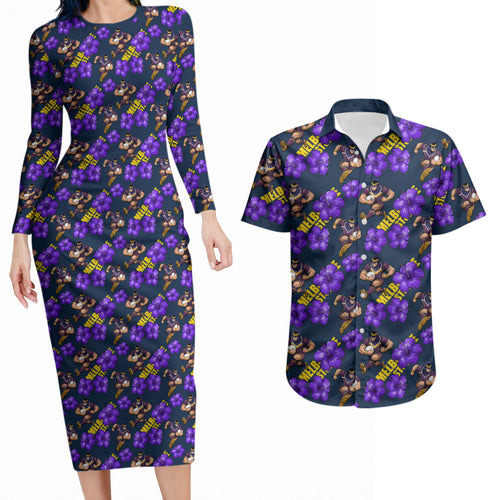 Melbourne Storm Couples Matching Long Sleeve Bodycon Dress and Hawaiian Shirt Tropical Hibiscus Floral Seamless Rugby Mascot