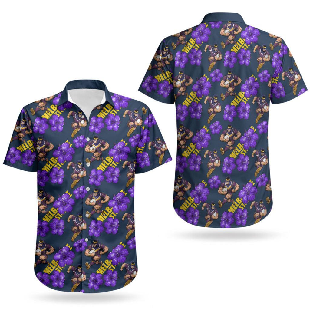 Melbourne Storm Couples Matching Long Sleeve Bodycon Dress and Hawaiian Shirt Tropical Hibiscus Floral Seamless Rugby Mascot