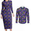 Melbourne Storm Couples Matching Long Sleeve Bodycon Dress and Long Sleeve Button Shirt Tropical Hibiscus Floral Seamless Rugby Mascot