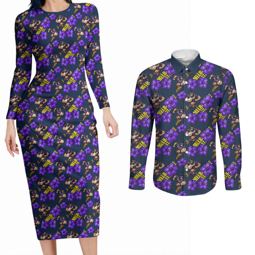 Melbourne Storm Couples Matching Long Sleeve Bodycon Dress and Long Sleeve Button Shirt Tropical Hibiscus Floral Seamless Rugby Mascot