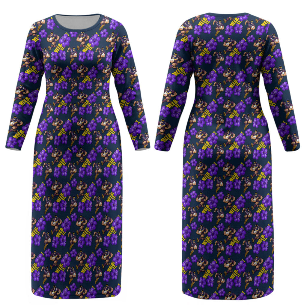 Melbourne Storm Couples Matching Long Sleeve Bodycon Dress and Long Sleeve Button Shirt Tropical Hibiscus Floral Seamless Rugby Mascot