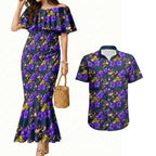 Melbourne Storm Couples Matching Mermaid Dress and Hawaiian Shirt Tropical Hibiscus Floral Seamless Rugby Mascot
