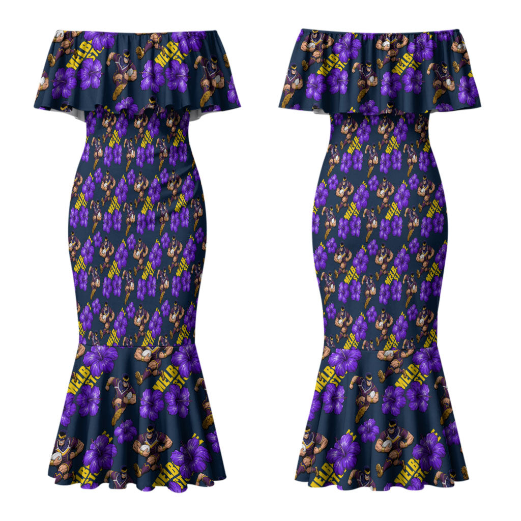 Melbourne Storm Couples Matching Mermaid Dress and Hawaiian Shirt Tropical Hibiscus Floral Seamless Rugby Mascot