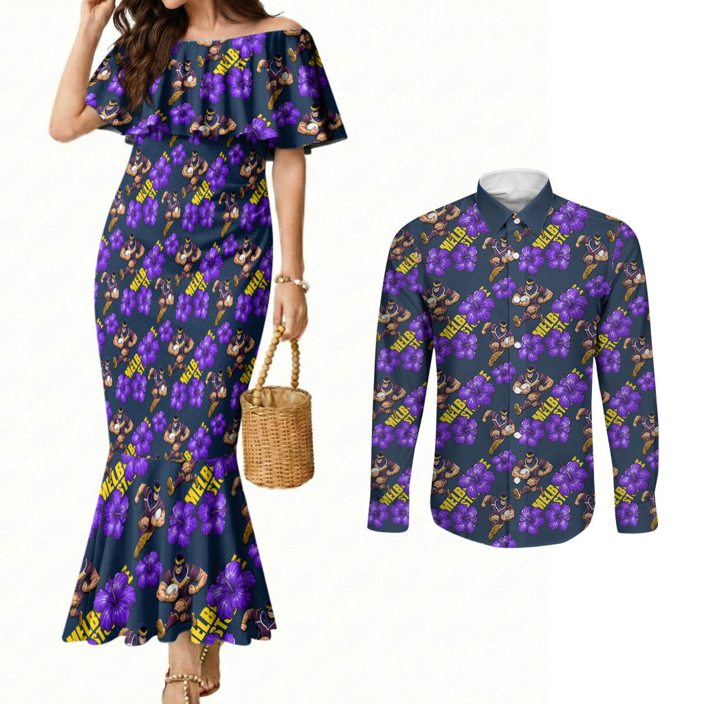 Melbourne Storm Couples Matching Mermaid Dress and Long Sleeve Button Shirt Tropical Hibiscus Floral Seamless Rugby Mascot