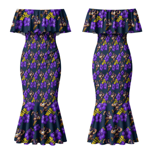 Melbourne Storm Couples Matching Mermaid Dress and Long Sleeve Button Shirt Tropical Hibiscus Floral Seamless Rugby Mascot