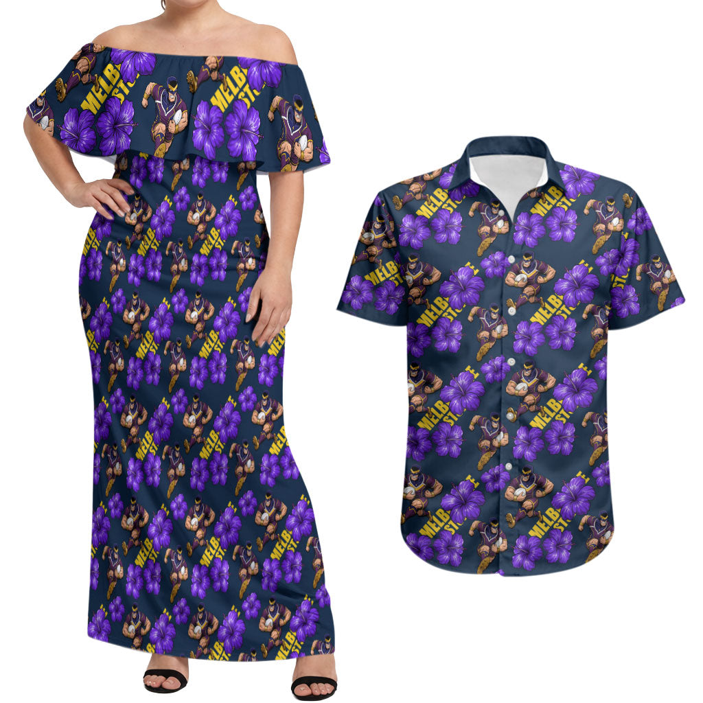 Melbourne Storm Couples Matching Off Shoulder Maxi Dress and Hawaiian Shirt Tropical Hibiscus Floral Seamless Rugby Mascot