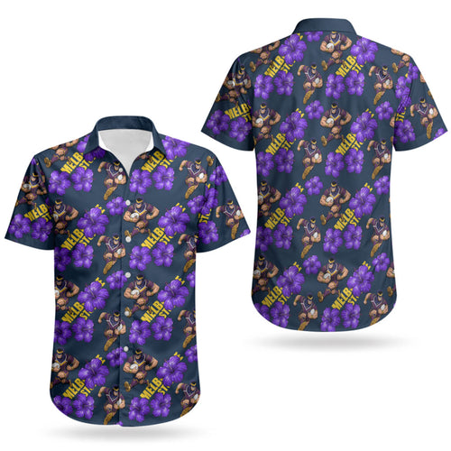 Melbourne Storm Couples Matching Off Shoulder Maxi Dress and Hawaiian Shirt Tropical Hibiscus Floral Seamless Rugby Mascot