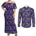 Melbourne Storm Couples Matching Off Shoulder Maxi Dress and Long Sleeve Button Shirt Tropical Hibiscus Floral Seamless Rugby Mascot