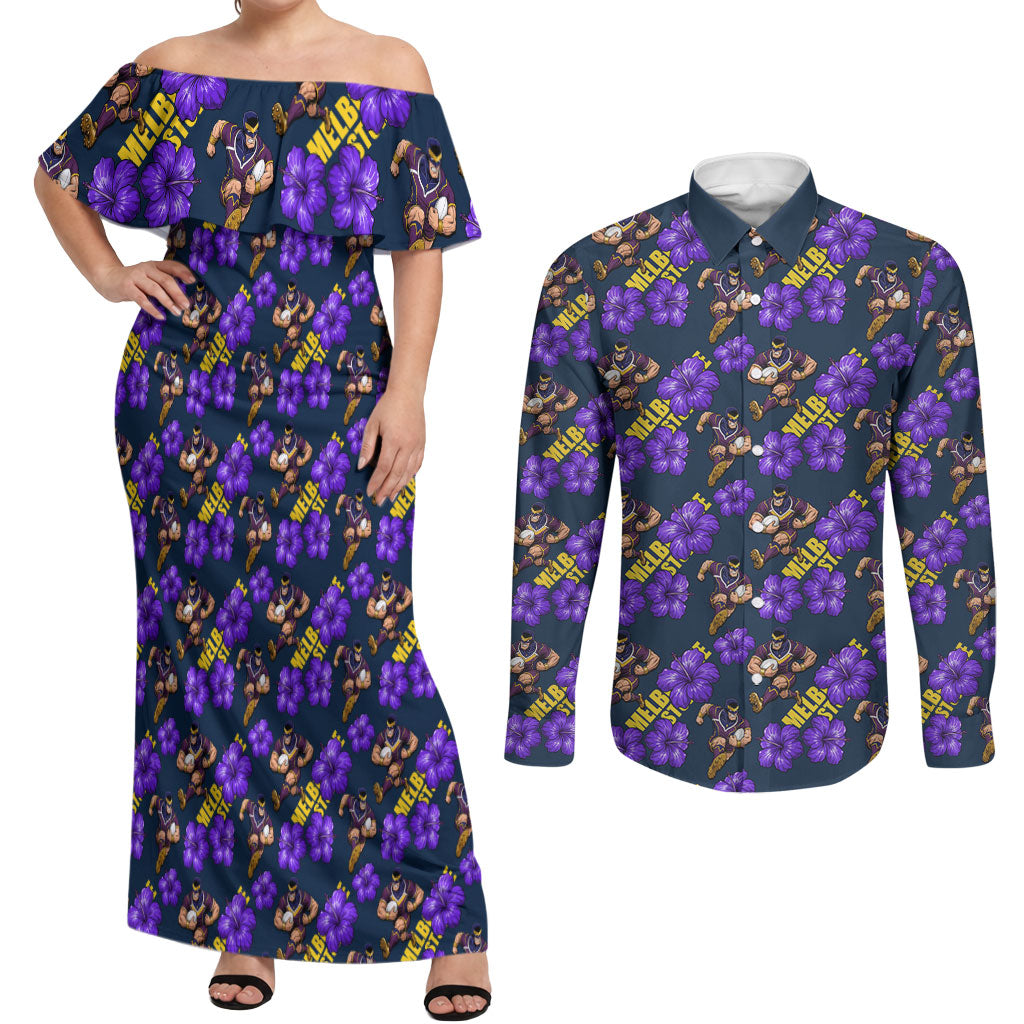 Melbourne Storm Couples Matching Off Shoulder Maxi Dress and Long Sleeve Button Shirt Tropical Hibiscus Floral Seamless Rugby Mascot