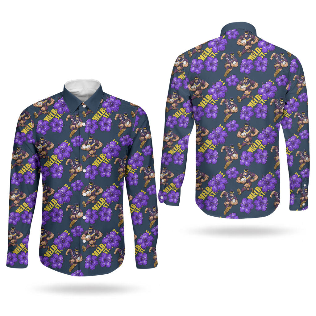 Melbourne Storm Couples Matching Off Shoulder Maxi Dress and Long Sleeve Button Shirt Tropical Hibiscus Floral Seamless Rugby Mascot