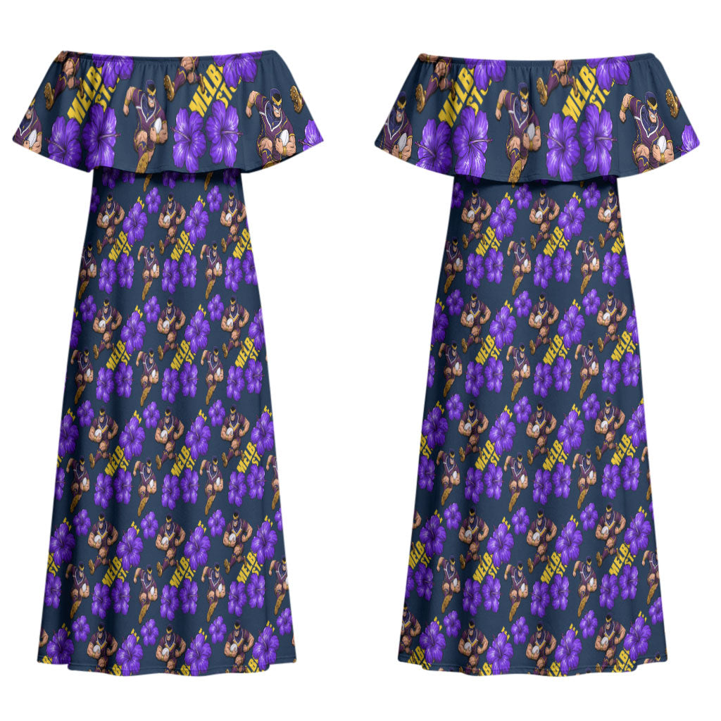Melbourne Storm Couples Matching Off Shoulder Maxi Dress and Long Sleeve Button Shirt Tropical Hibiscus Floral Seamless Rugby Mascot