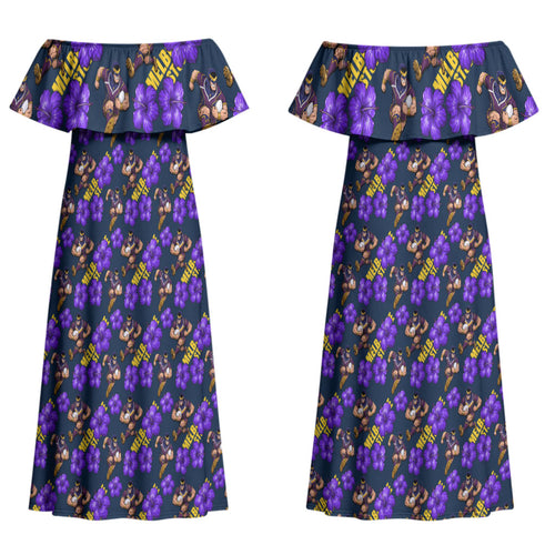 Melbourne Storm Couples Matching Off Shoulder Maxi Dress and Long Sleeve Button Shirt Tropical Hibiscus Floral Seamless Rugby Mascot