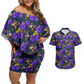 Melbourne Storm Couples Matching Off Shoulder Short Dress and Hawaiian Shirt Tropical Hibiscus Floral Seamless Rugby Mascot